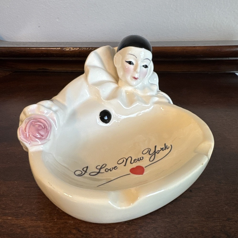 Vintage Pierrot Clown Ceramic Ashtray, Bowl Dish Trinket "I Love New York"
